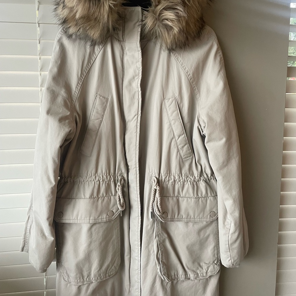 H&M Light Tan Utility Jacket with Faux Fur Hood